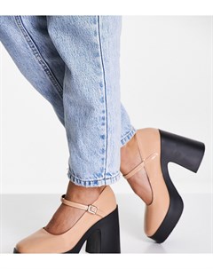 Бежевые туфли в стиле Мэри Джейн на платформе и каблуке Wide Fit Penny Asos design