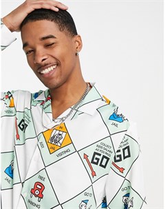 Свободная атласная рубашка с отложным воротником и принтом в стиле игры Монополия Asos design