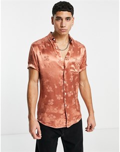 Атласная рубашка классического кроя медного цвета с жаккардовым цветочным принтом Asos design