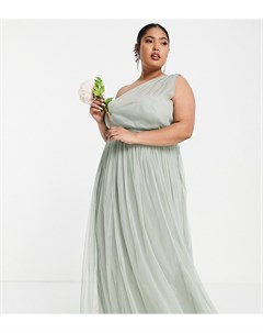 Шалфейно зеленое платье макси из тюля на одно плечо для подружки невесты Anaya With Love Plus Anaya plus