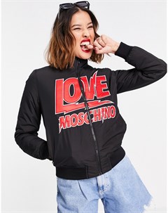 Черная куртка бомбер с светящимся логотипом спереди Love moschino