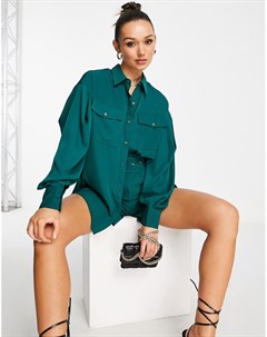Темно зеленая рубашка со складкам в стиле oversized от комплекта Extro & vert