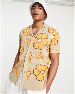 Трикотажная футболка поло горчичного цвета с цветочным принтом Asos design