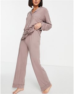 Супермягкий пижамный комплект розовато лилового цвета с длинными рукавами и атласной окантовкой Loungeable