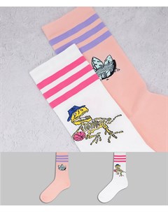 Набор из 2 пар носков с графическим принтом динозавров в белом и розовом цвете Adidas originals