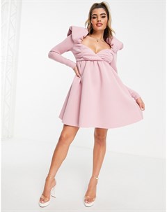 Розовое платье мини с вырезом сердечком пышными рукавами и короткой расклешенной юбкой Asos design