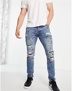 Умеренно выбеленные эластичные джинсы зауженного кроя со рваной отделкой заплатками и дизайном в вид Topman