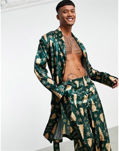 Атласный халат с принтом новогодних елок от комплекта Asos design