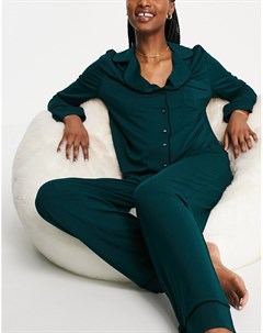Зеленая пижама из рубашки с длинными рукавами и брюк с контрастным кантом Asos design