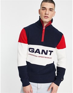 Темно синий трикотажный джемпер на короткой молнии с полосками в стиле колор блок и логотипом Gant