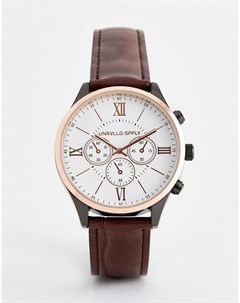Классические часы с корпусом из металлов разных цветов и коричневым кожаным ремешком Asos design