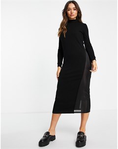 Черное платье миди в рубчик с длинными рукавами и атласной вставкой Asos design