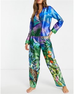 Атласный пижамный премиум комплект из двубортной рубашки и брюк с растительным принтом и тигром Asos design