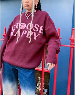 Свободный трикотажный джемпер бордового цвета с надписью Choose happy Topshop