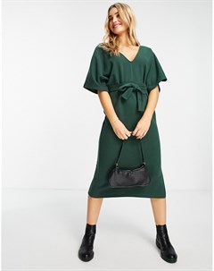 Темно зеленое мягкое платье джемпер миди с V образным вырезом и поясом Asos design