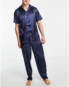 Синий атласный пижамный комплект из рубашки и брюк Asos design