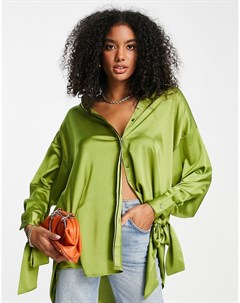 Зеленая атласная рубашка в стиле oversized с завязками на манжетах от комплекта Asos design
