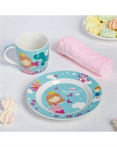 Набор детской посуды Принцесса кружка 250мл тарелка 17см полотенце 15х15см Дорого внимание