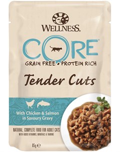 Паучи Tender Cuts в соусе для кошек 85 г Кусочки курицы и лосося Wellness core
