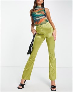 Зеленые атласные расклешенные брюки с завышенной талией Topshop