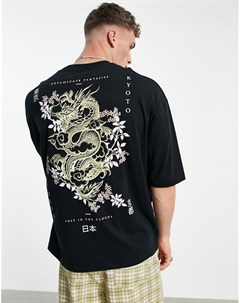 Черная oversized футболка из смесового органического хлопка с принтом дракона на спинке Asos design