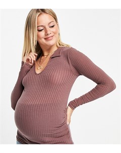 Коричневое облегающее поло в рубчик с длинными рукавами Maternity Asos design