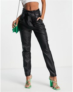 Черные брюки из искусственной кожи с присборенной талией Vero moda