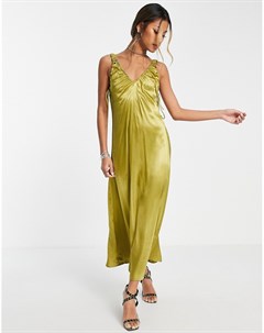 Зеленое присборенное атласное платье комбинация Topshop