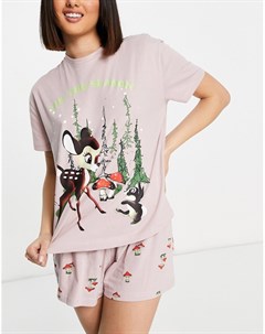 Лавандовая пижама с футболкой и шортами с принтом Бэмби в новогоднем стиле Asos design