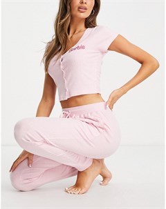 Мягкий домашний комплект розового цвета в рубчик из топа на пуговицах и джоггеров Barbie Asos design