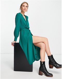 Темно зеленое платье миди с воротником запахом и поясом Asos design