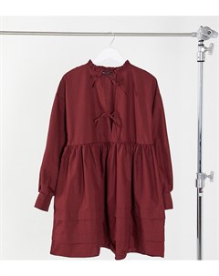 Темно бордовое свободное платье мини из хлопкового поплина с завязкой и мелкими сборками ASOS DESIGN Asos tall