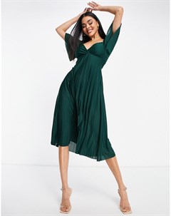 Темно зеленое плиссированное платье миди с короткими рукавами и перекрученной отделкой на спине Asos design