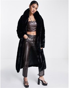 Черное oversized пальто макси из искусственного меха Pretty lavish