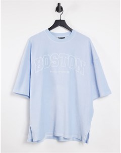 Голубая оversized футболка из бархатистого велюра в рубчик с вышитой надписью Boston Asos design