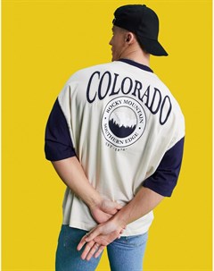 Oversized футболка в стиле колор блок цвета экрю и темно синего цвета с принтом Colorado Asos design