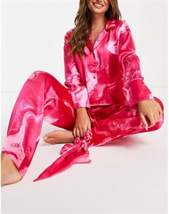 Розовая oversized пижама с рубашкой брюками и резинкой для волос с мраморным принтом Asos design