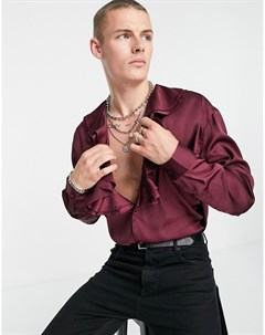 Атласная оversized рубашка сливового цвета с открытой грудью с рюшами Asos design