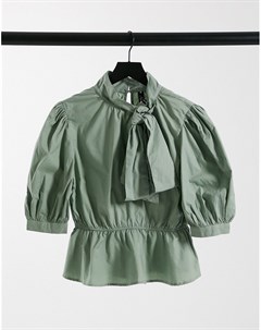 Шалфейно зеленая блузка из хлопка и поплина с бантом на шее Influence