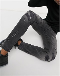 Зауженные джинсы из органического хлопка винтажного черного выбеленного цвета с эффектом брызг краск Topman