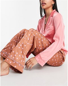 Атласные пижамные брюки коричневого цвета в розовый горошек Выбирай и комбинируй Asos design