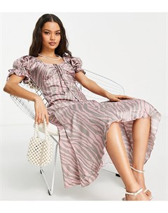 Атласное чайное платье миди розового цвета с завязкой спереди и зебровым принтом ASOS DESIGN Petite Asos petite
