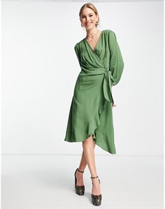 Зеленое платье с запахом и длинными рукавами Trendyol