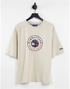 Бежевая футболка с круглым вырезом и логотипом x Timberland Tommy hilfiger