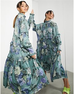 Свободное платье миди на пуговицах с ярусными оборками и цветочным принтом Asos edition