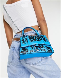 Синяя сумка на плечо с принтом в стиле граффити и ремешком цепочкой Эго