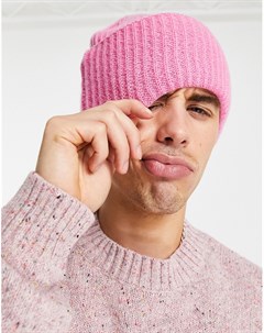 Розовая шапка бини в рубчик из овечьей шерсти с широким отворотом Asos design