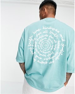 Голубая выбеленная футболка в стиле oversized из органического хлопка с круглым текстовым принтом на Asos design