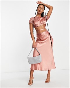 Пыльно розовое атласное платье миди с завязкой вокруг талии и сборками Asos design
