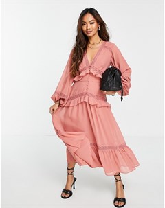 Ярусное платье миди приглушенного розового цвета на пуговицах с длинными рукавами и кружевными встав Asos design